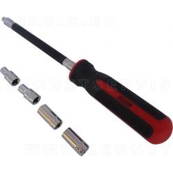 Destornillador con varilla flexible con 4 vasos hexagonales intercambiables