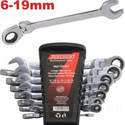 Juego de llaves combinadas con carraca de cabeza articulada. 14 piezas. 6-19