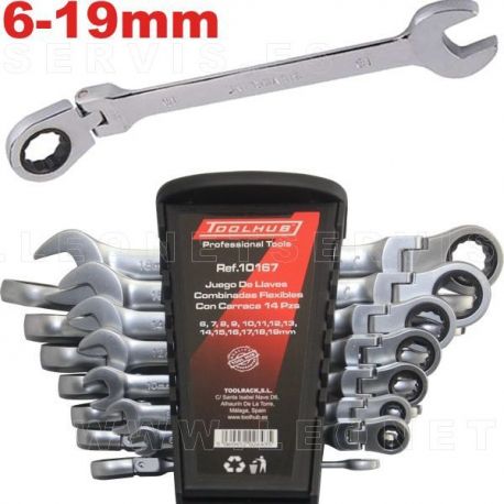 Juego de llaves combinadas con carraca de cabeza articulada. 14 piezas. 6-19