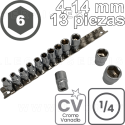 Conjunto de vasos CORTOS de 1/4", 6 caras. Acero CRV. 13 piezas de  M4 a M14