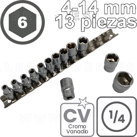 Conjunto de vasos CORTOS de 1/4", 6 caras. Acero CRV. 13 piezas de  M4 a M14