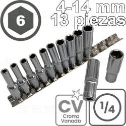 Conjunto de vasos LARGOS de 1/4", 6 caras. Acero CRV. 13 piezas de  M4 a M14