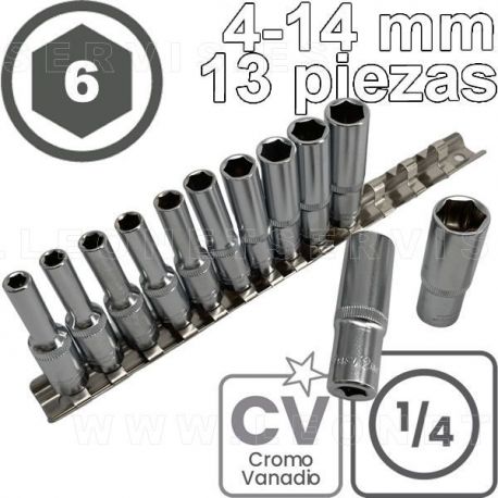 Conjunto de vasos LARGOS de 1/4", 6 caras. Acero CRV. 13 piezas de  M4 a M14