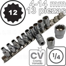 Conjunto de vasos CORTOS de 1/4", 12 caras. Acero CRV. 13 piezas de  M4 a M14