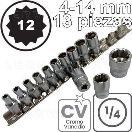 Conjunto de vasos CORTOS de 1/4", 12 caras. Acero CRV. 13 piezas de  M4 a M14