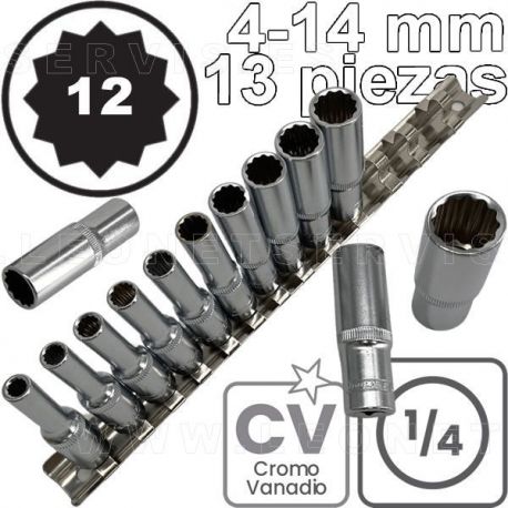 Conjunto de vasos LARGOS de 1/4", 12 caras. Acero CRV. 13 piezas de  M4 a M14