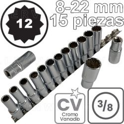 Conjunto de vasos LARGOS de 3/8", 12 caras. Acero CRV. 15 piezas de  M8 a M22