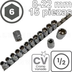 Conjunto de vasos CORTOS de 1/2", 6 caras. Acero CRV. 15 piezas de  M10 a M24