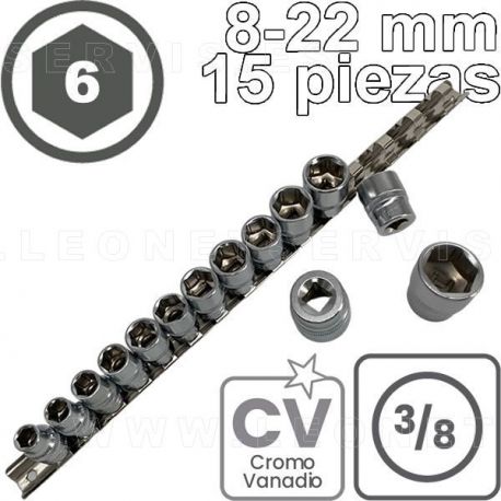 Conjunto de vasos CORTOS de 3/8", 6 caras. Acero CRV. 15 piezas de  M8 a M22