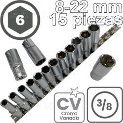 Conjunto de vasos LARGOS de 3/8", 6 caras. Acero CRV. 15 piezas de  M8 a M22