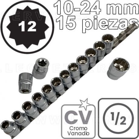 Conjunto de vasos CORTOS de 1/2", 12 caras. Acero CRV. 15 piezas de  M10 a M24