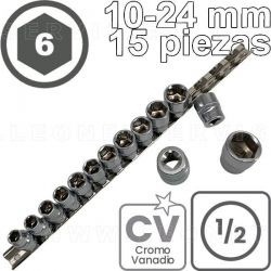 Conjunto de vasos LARGOS de 1/2", 6 caras. Acero CRV. 15 piezas de  M10 a M24