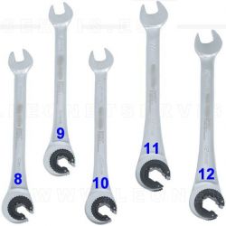 Juego de llaves de carraca abiertas para racores y tuberías. 5 piezas