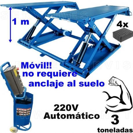 Elevador de tijeras de 3 tons. para elevación de 1 metro de altura