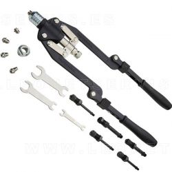 Remachadora con cabeza giratoria de remache s y tuercas remachables.