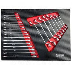 Módulo de llaves planas combinas y acodadas para carro de taller. Colocados sobre fondo de espuma goma EVA