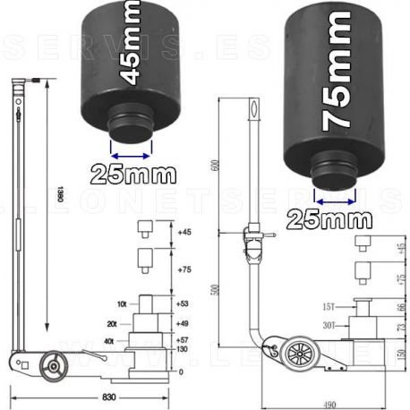 Juego de 2 extensiones para gato oleo neumático 15/30 toneladas