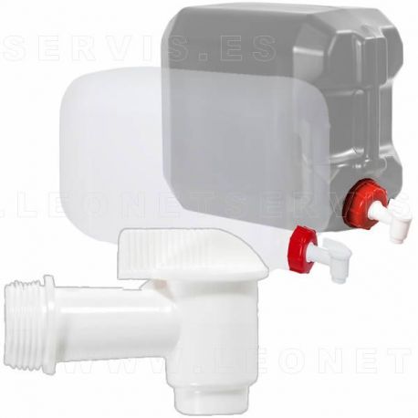 Grifo de plástico dosificador. Con rosca macho para adaptarlo al tapón de las garrafas.