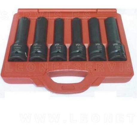 Juego de vasos largos de impacto Torx y 12 caras. 6 piezas. Cuadradillo de 3/4"