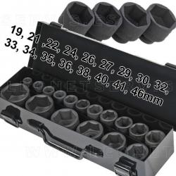 Juego de vasos de impacto cortos 1” DR – 6 caras, 8 piezas (27-50 mm) con maletín metálico