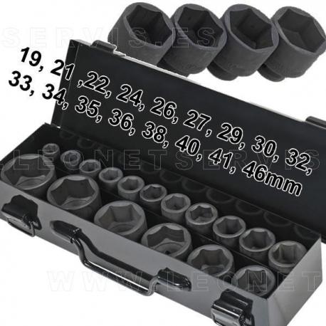 Juego de vasos de impacto cortos 1” DR – 6 caras, 8 piezas (27-50 mm) con maletín metálico