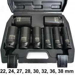 Juego de vasos de impacto cortos 3/4” DR – 6 caras, 8 piezas (26-38 mm) con maletín plástico