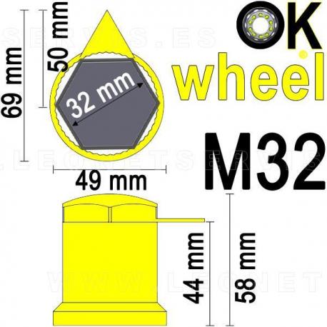 Tapón con indicador superior de tuercas flojas para vehículos industriales.