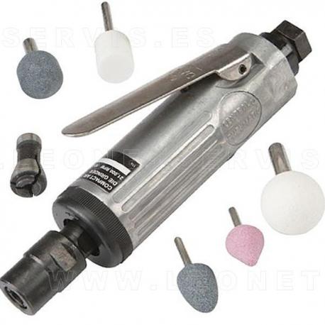 Conjunto mini amoladora neumática con fresas y ejes de dos medidas (16 piezas)
