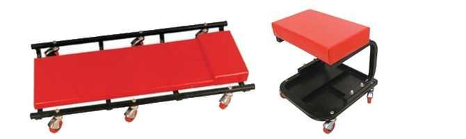 Camillas de mecánico con ruedas y taburetes de taller