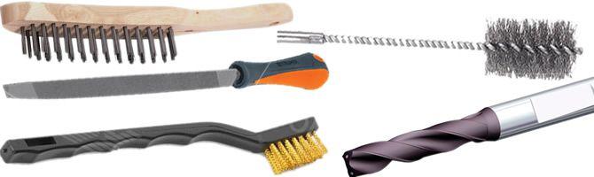 Cepillos de acero de varias medidas, limas y brocas