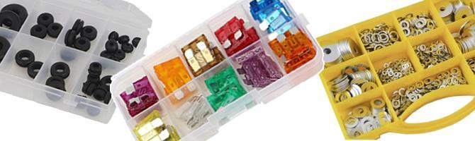 Juegos surtidos de pequeñas piezas, fusibles, tornillos, arandelas, circlics, chavetas, abrazaderas...
